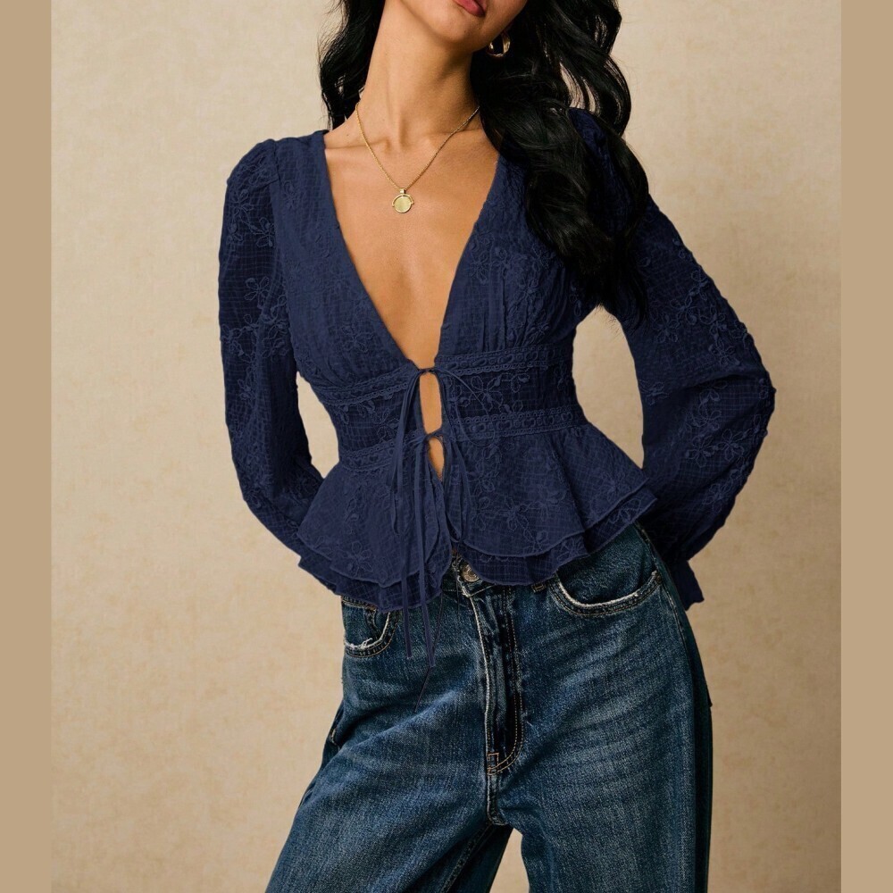 Navy Semi-sheer Embroidered Deep V-Neck Tie-Front Peplum Blouse - Picture 9 of 9